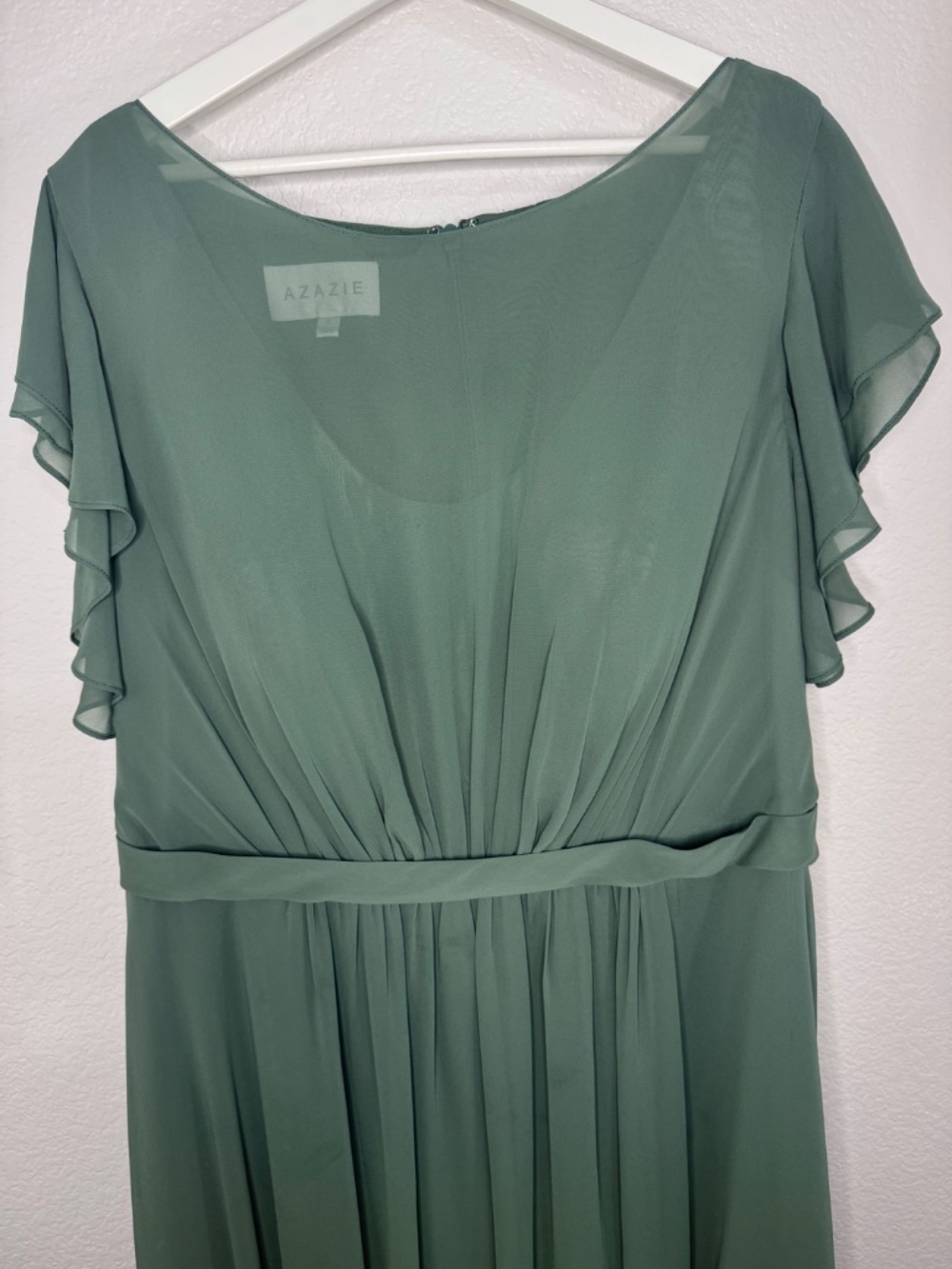Azazie Daphne A-Line Ruffled Chiffon Floor-Length Bridesmaid Dress in Eucalyptus - Picture 5 of 14